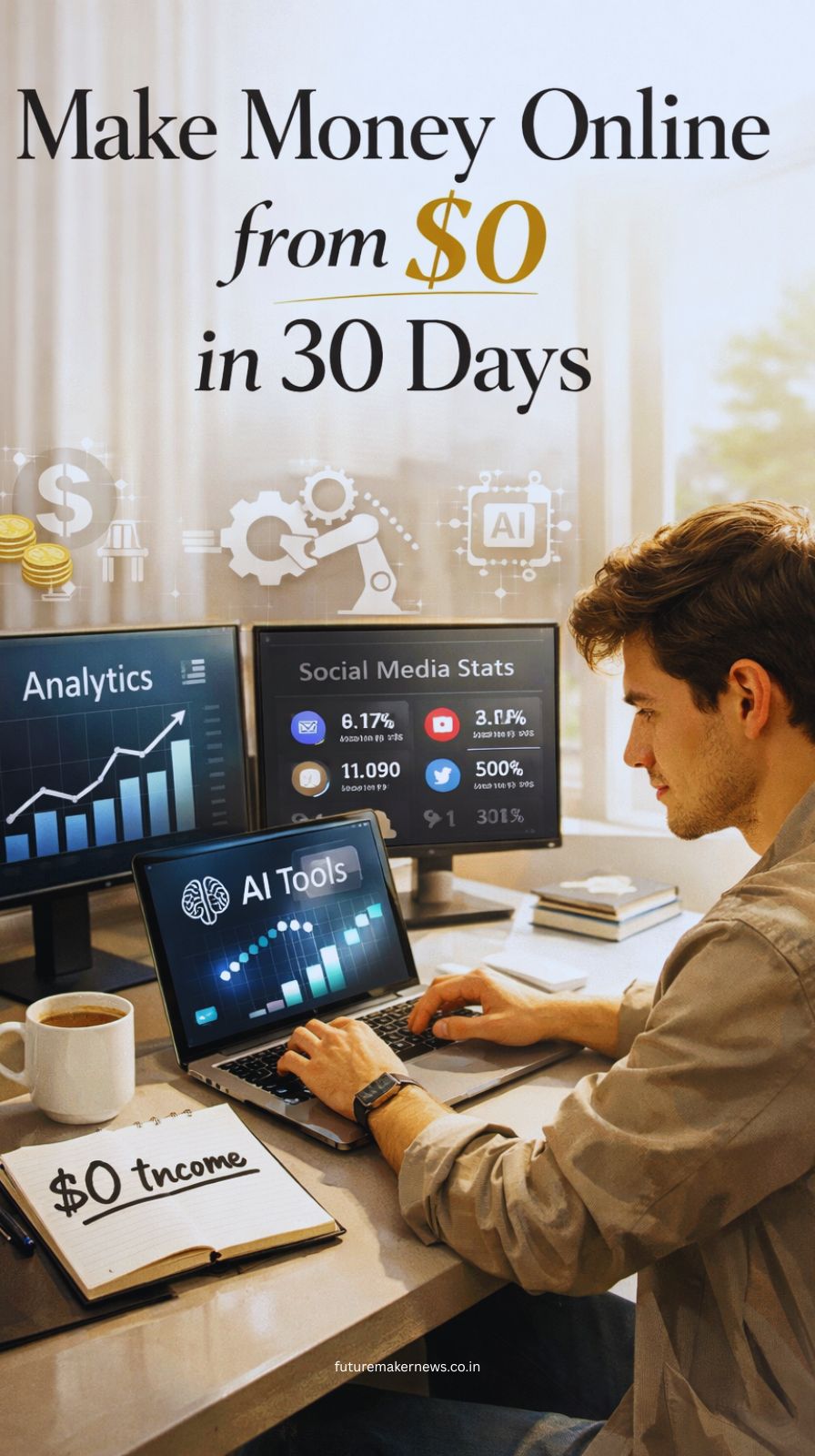 Person working on laptop with AI tools and analytics, representing making money online from zero using a 30-day plan.