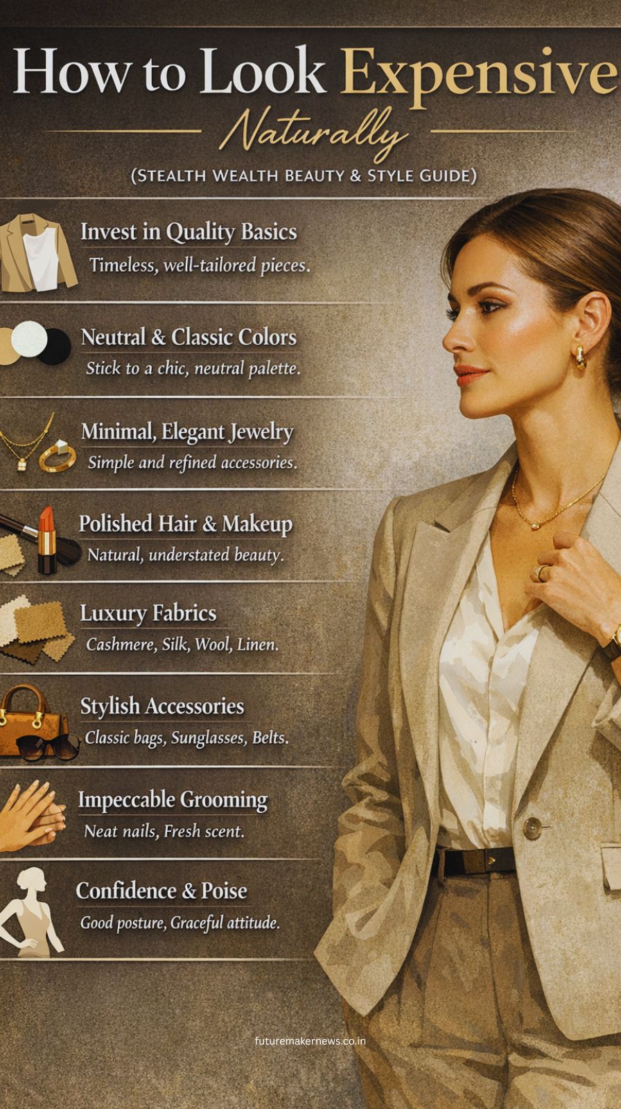 Woman with glowing skin, sleek hair, and minimalist outfit representing stealth wealth style and natural expensive look.