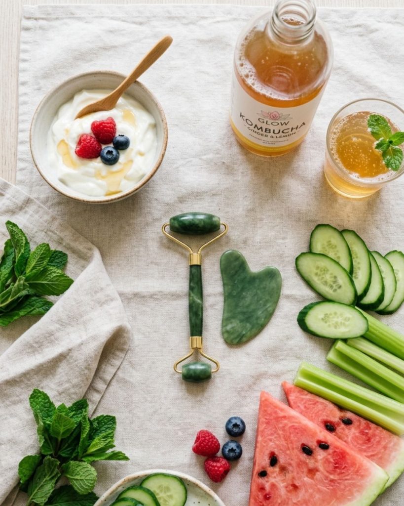 Healthy foods and skincare tools for inner beauty including cucumber, yogurt, and gua sha for glowing skin.