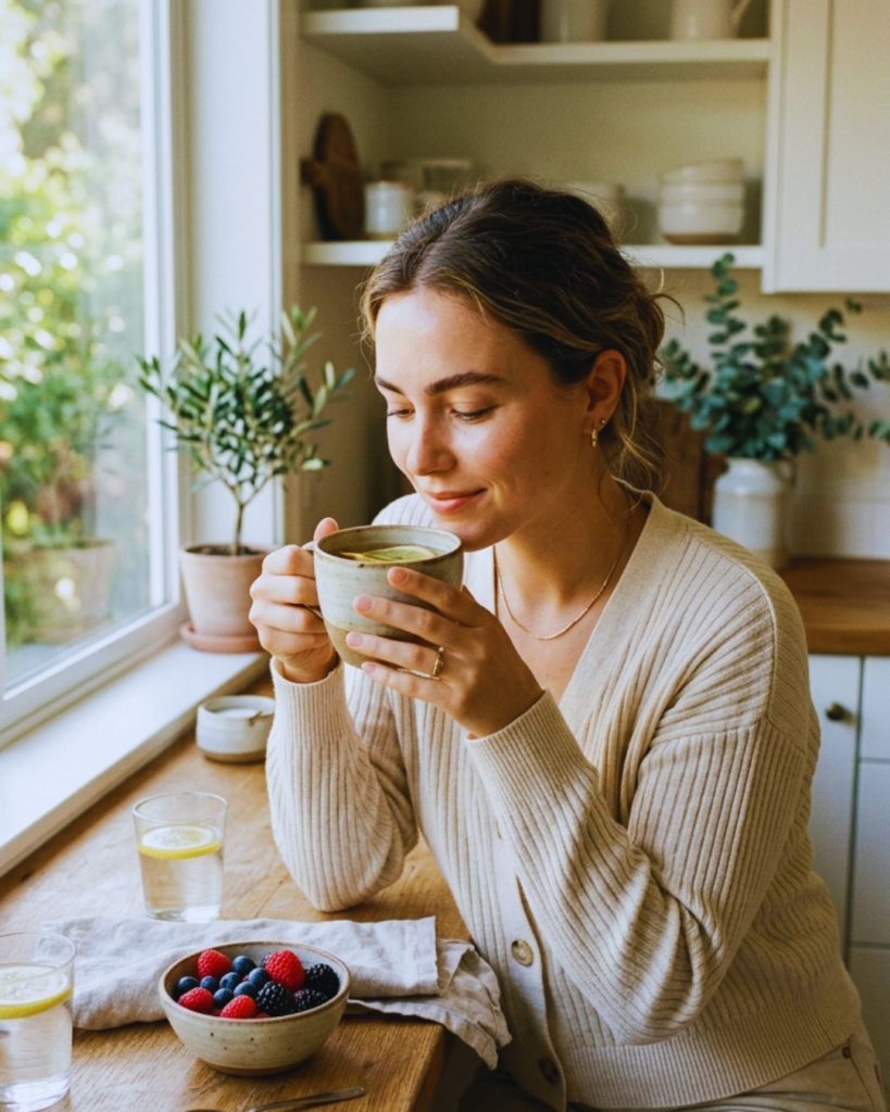 Woman with glowing skin enjoying a healthy morning routine with water and fresh fruits representing natural beauty and wellness.