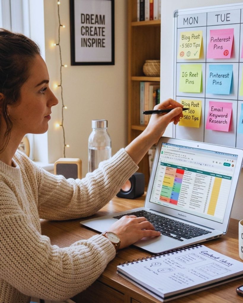 Content creator organizing a weekly content schedule to maintain consistency for blog and social media growth.