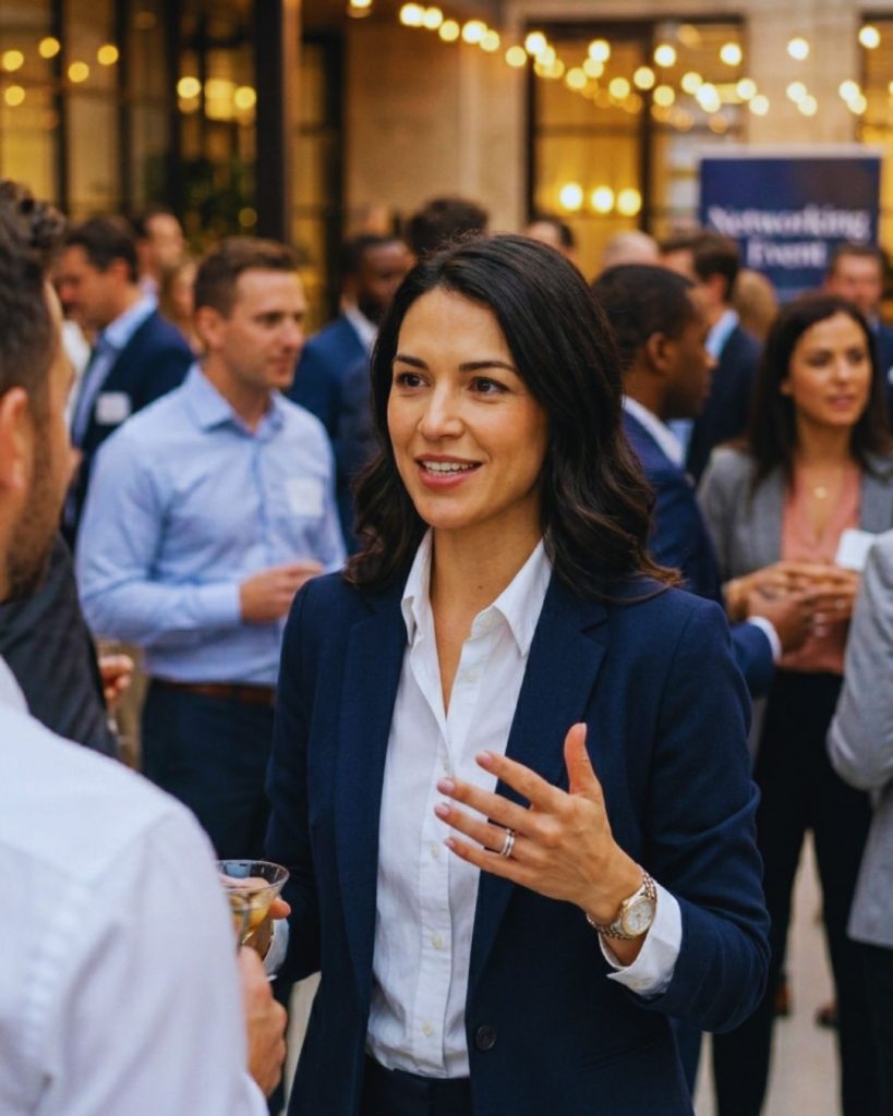 Professional networking conversation showing confident body language and strong eye contact.