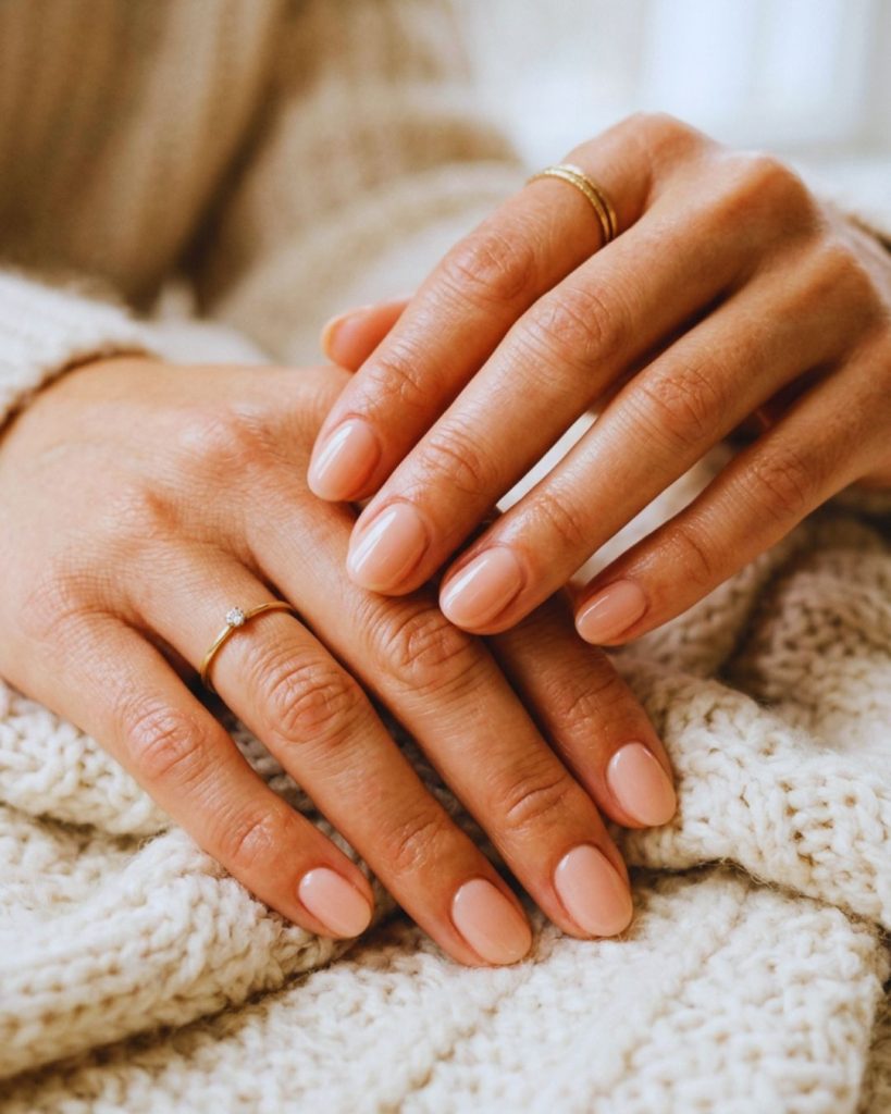 Close-up of neatly manicured hands with nude nails and soft skin representing minimalist luxury grooming.