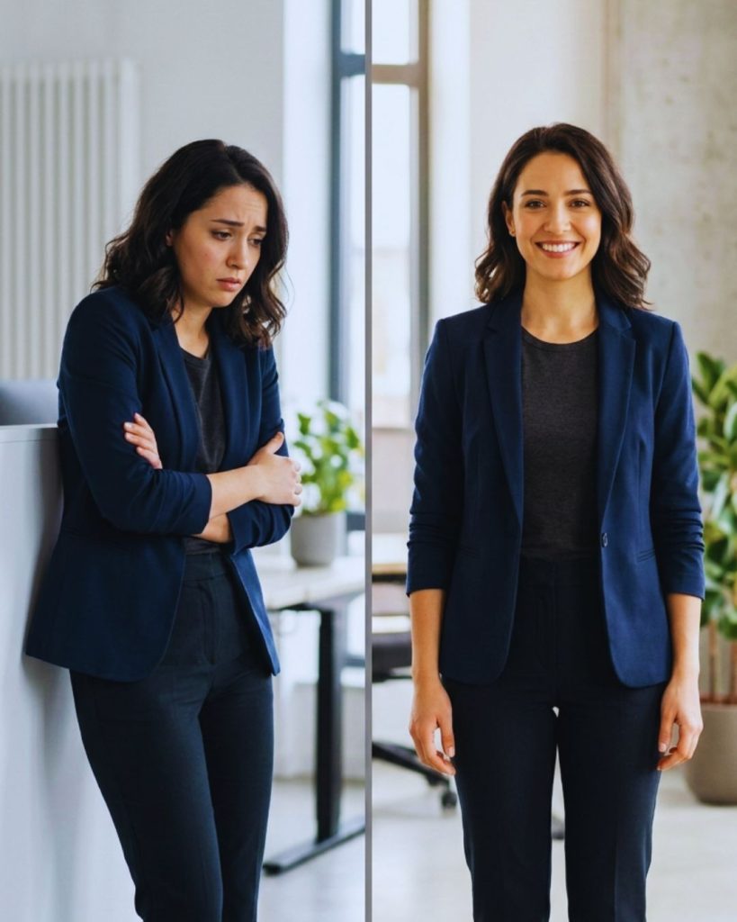 Side-by-side comparison of insecure posture versus confident posture in professional setting.