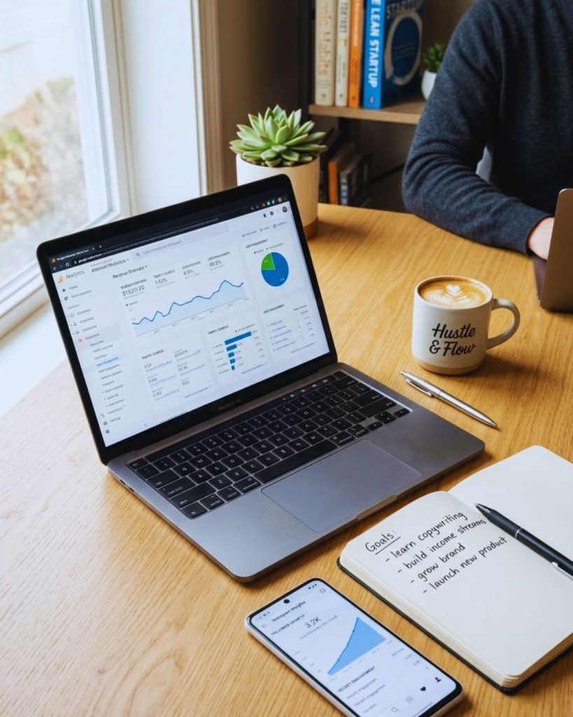 “Minimalist workspace with laptop, notes on high-income skills, and social media growth—representing learning, personal branding, and building multiple income streams.”