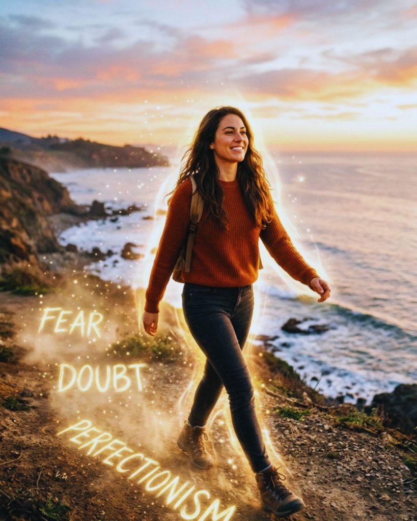 Woman stepping into confidence and leaving limiting beliefs behind