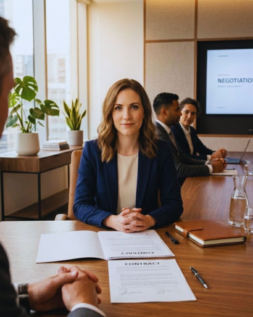 Professional woman confidently negotiating at boardroom table representing salary increase through strategic presentation.