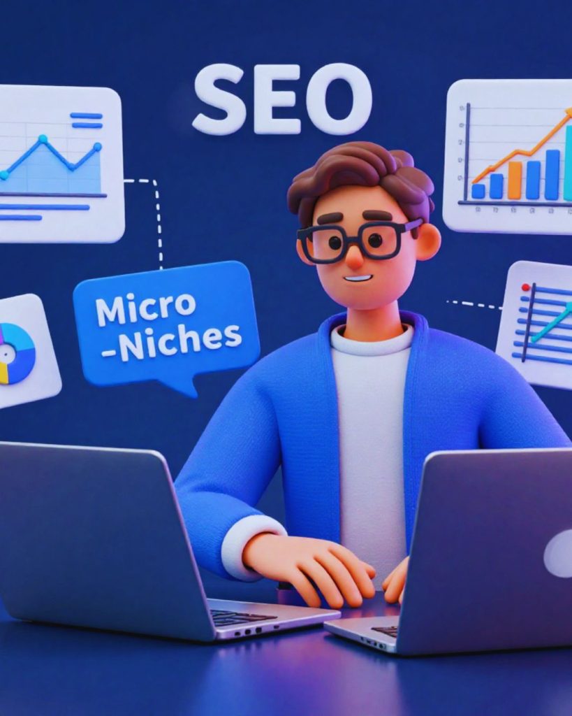 Entrepreneur researching SEO keywords and niche ideas on laptop to find profitable micro-niches.
