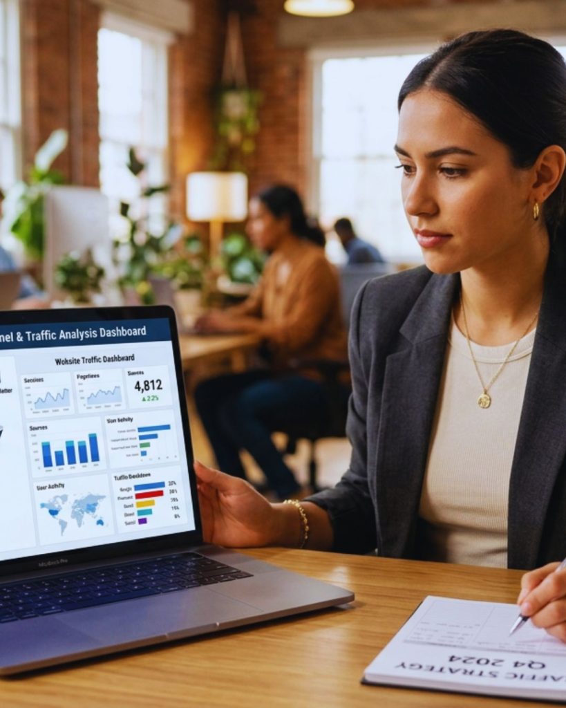 Entrepreneur analyzing a digital traffic funnel connecting Pinterest, SEO, and email marketing.