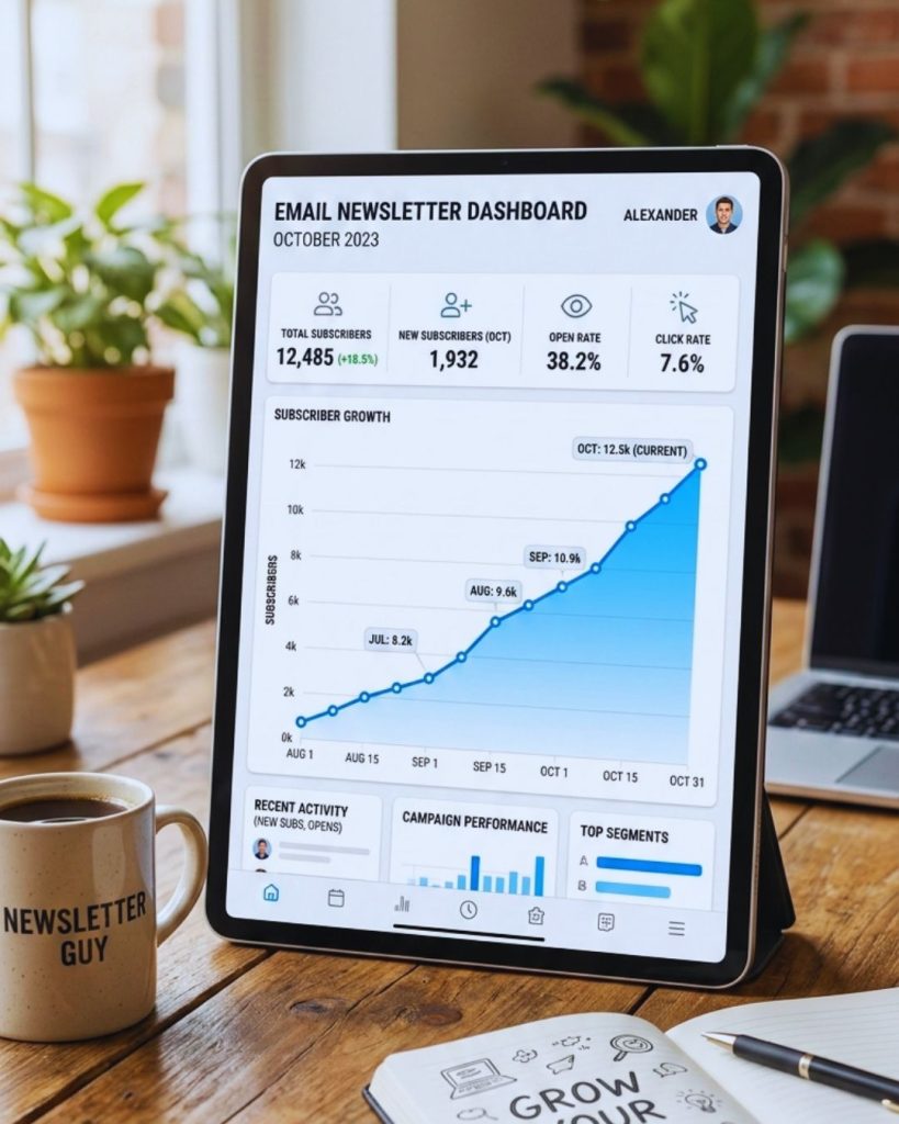 Email newsletter platform dashboard showing subscriber growth.
