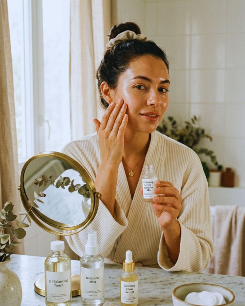 Woman applying hydrating skincare products with gua sha tool on marble vanity as part of a clean girl skincare routine.