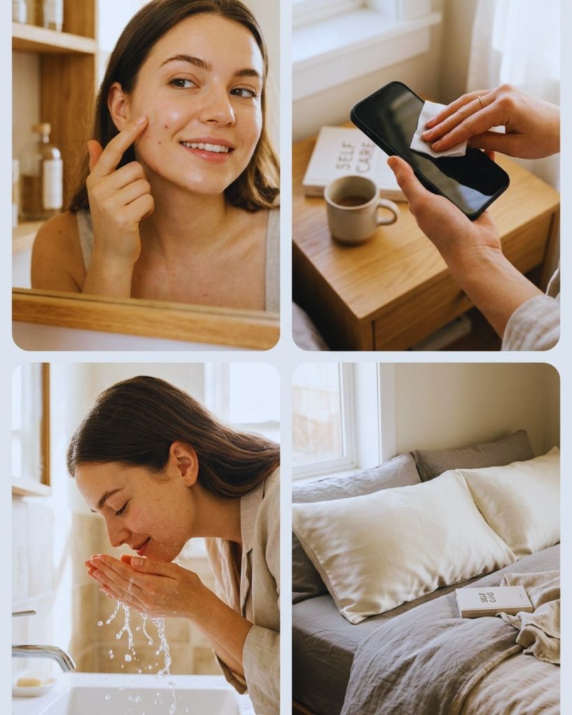 Skincare habit detox including pimple patch use, cleaning phone, gentle face washing, and silk pillowcase for healthy skin.
