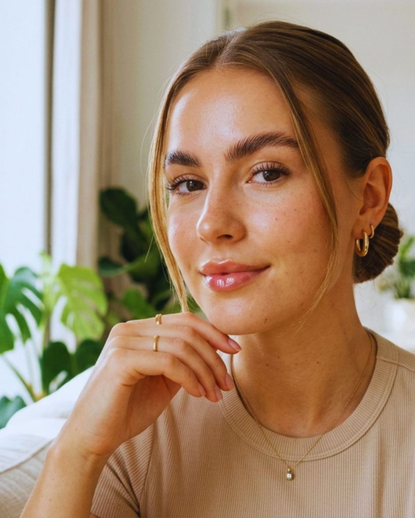 Woman styling a sleek slicked-back bun with hair oil and brush as part of a clean girl aesthetic beauty routine.