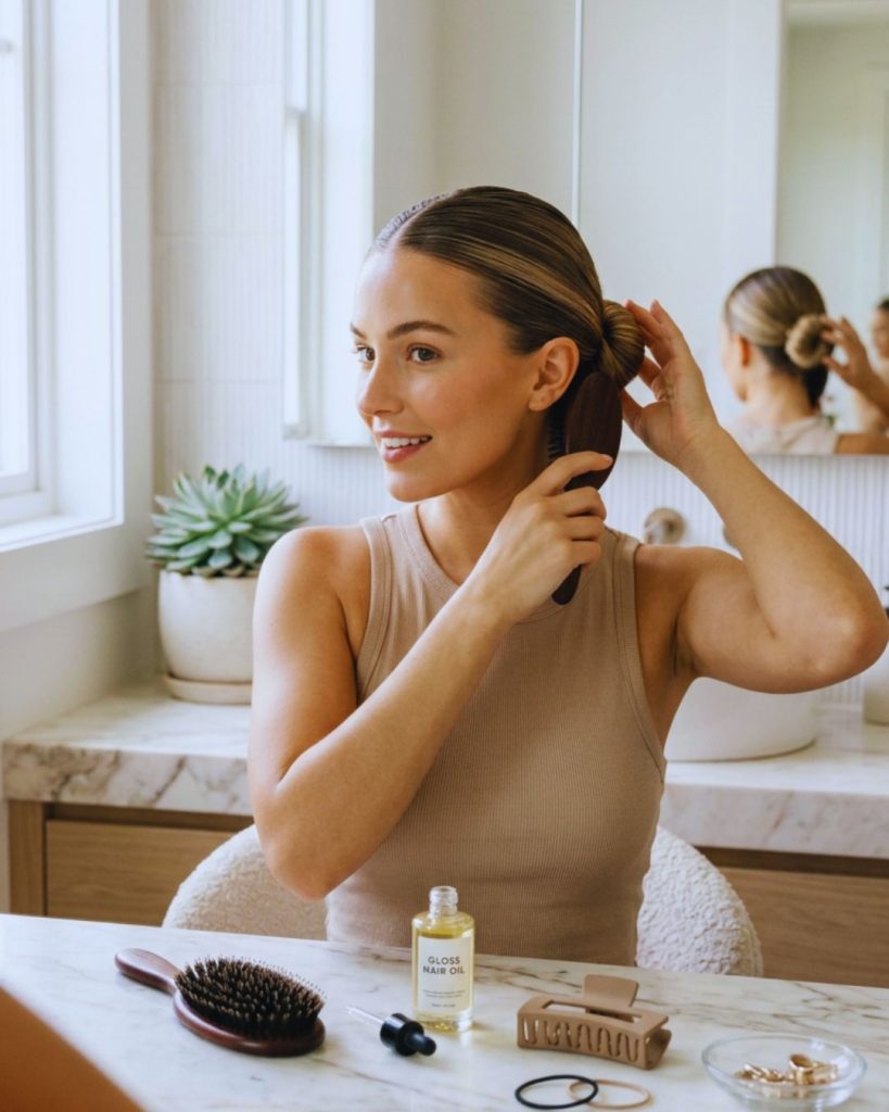 Woman styling a sleek slicked-back bun with hair oil and brush as part of a clean girl aesthetic beauty routine.