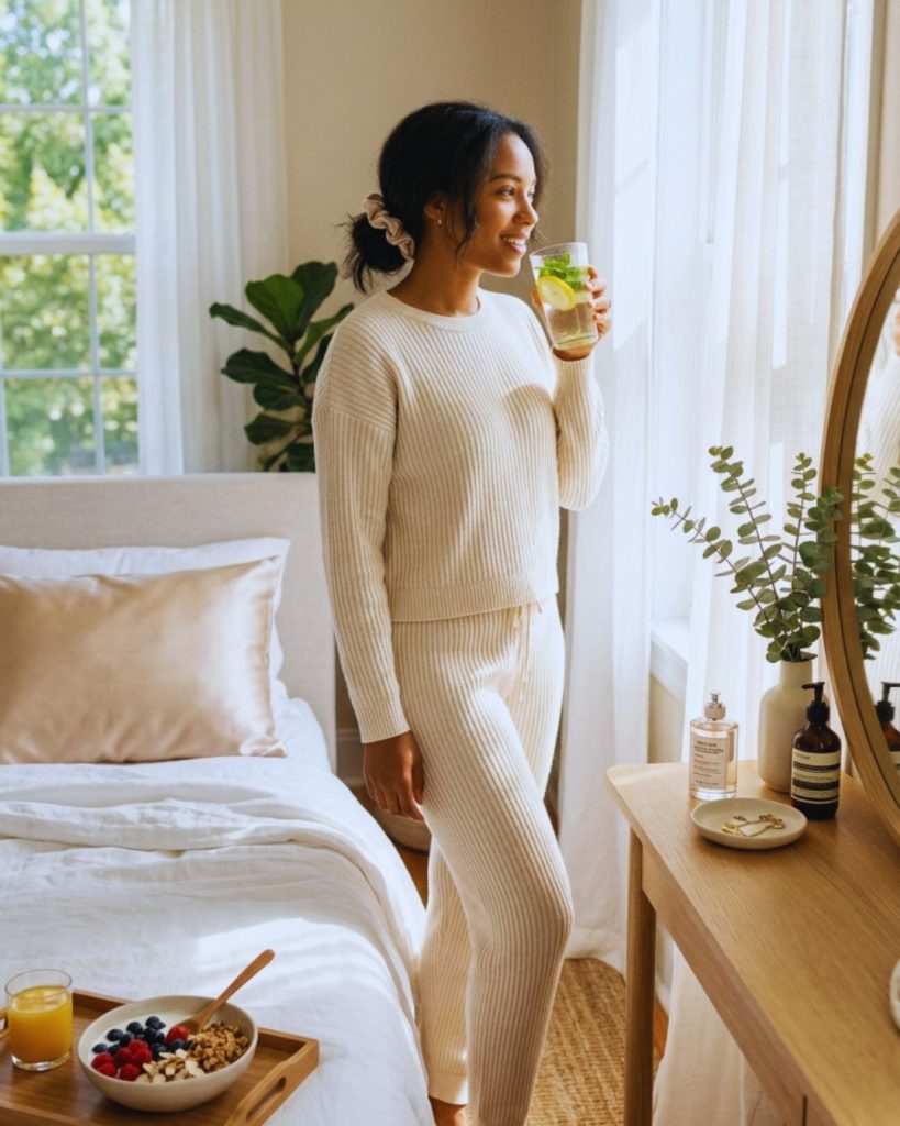 Clean girl lifestyle routine showing hydration, healthy foods, silk pillowcase, and minimalist fragrance for natural glowing beauty.