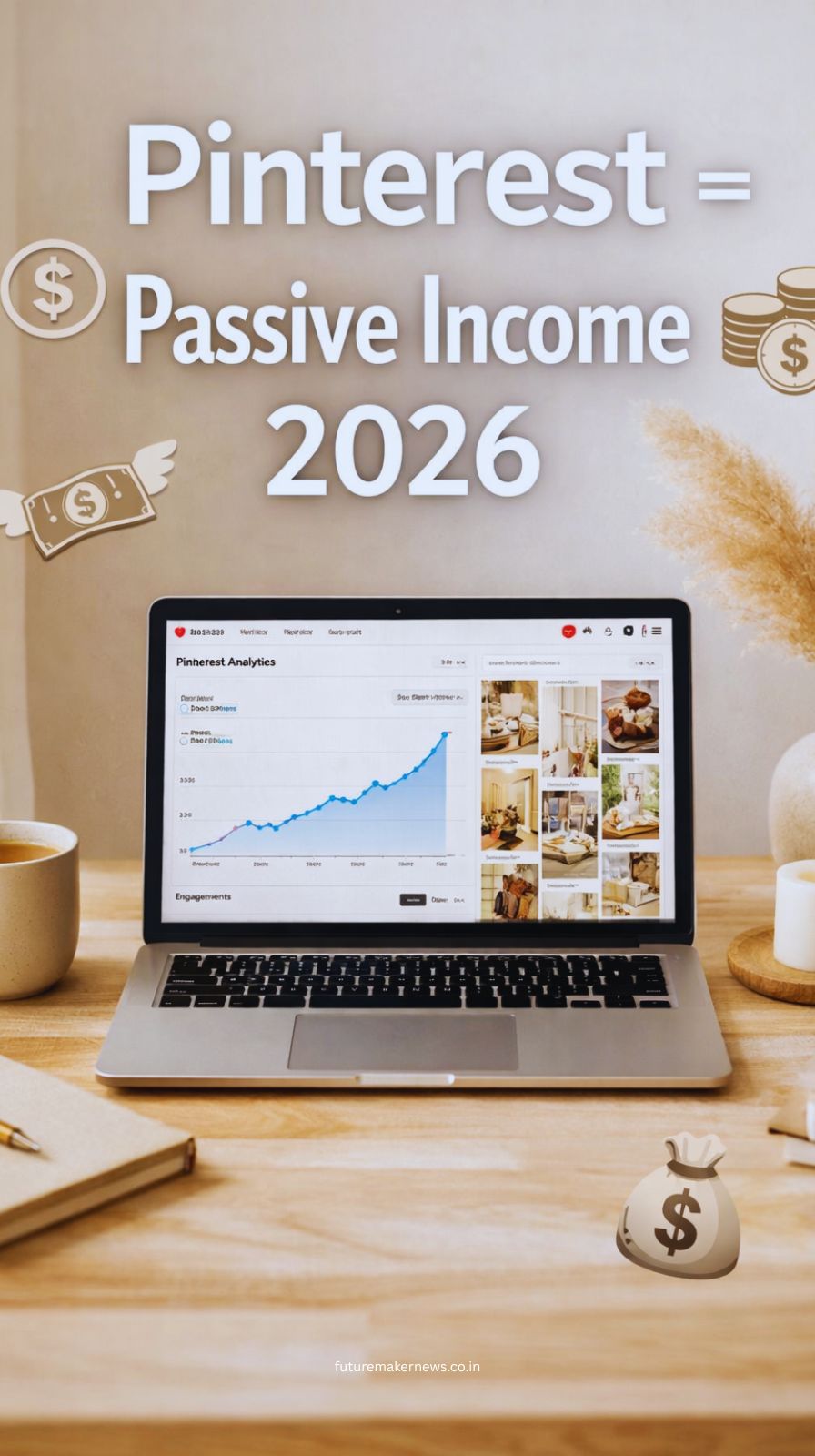 Laptop displaying Pinterest analytics and traffic growth used for passive income strategy in 2026.