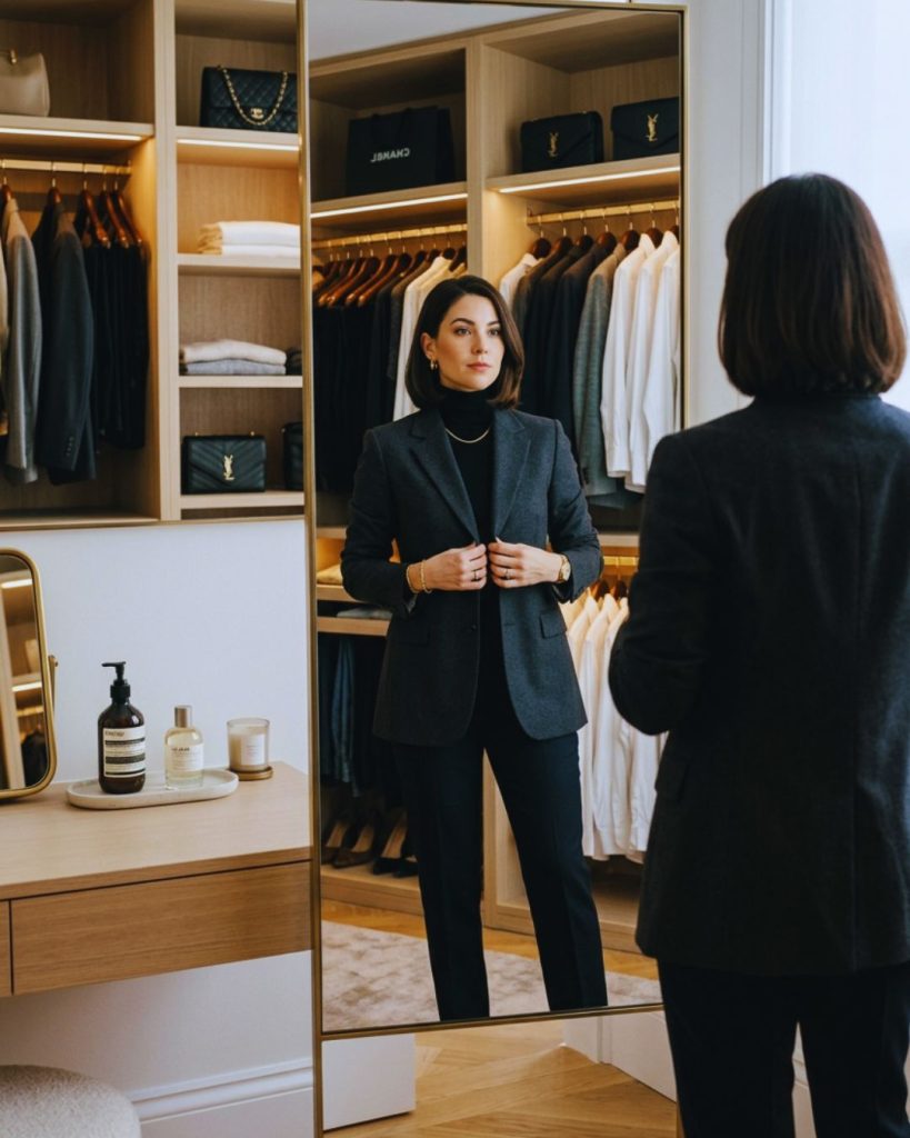 “Confident person adjusting blazer in front of mirror with organized wardrobe and grooming setup, representing self-improvement, style, and personal presence.”