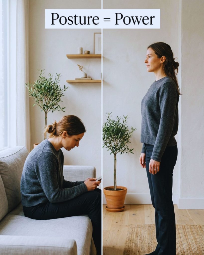 Comparison of poor posture versus confident upright posture and its effect on presence.