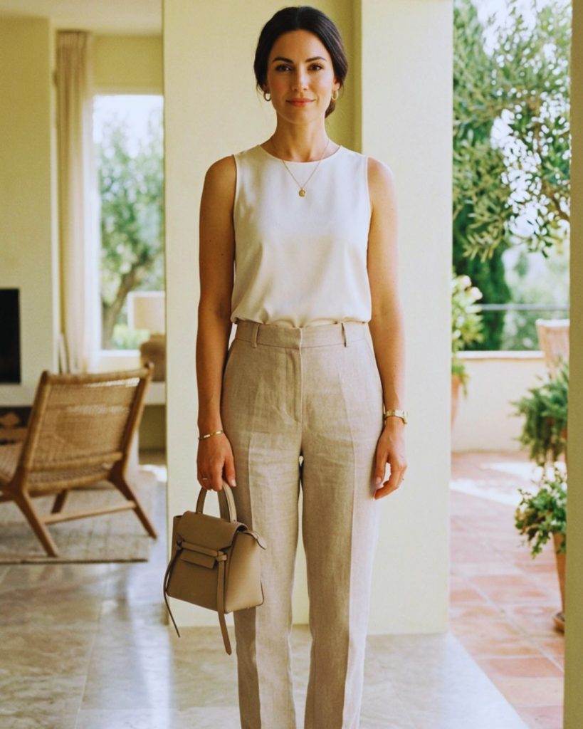 Elegant woman with straight posture and confident stance representing quiet luxury and polished presence.