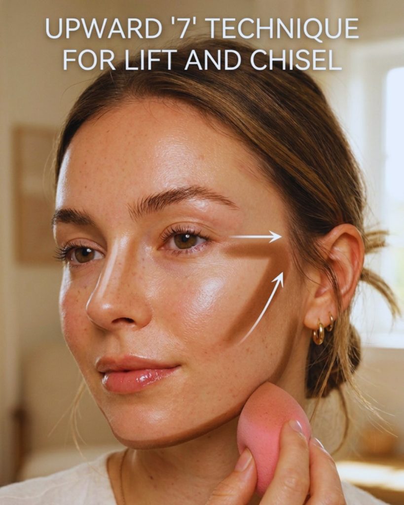 Contour applied above cheekbones and along jawline with upward angles to create a lifted and snatched face look.