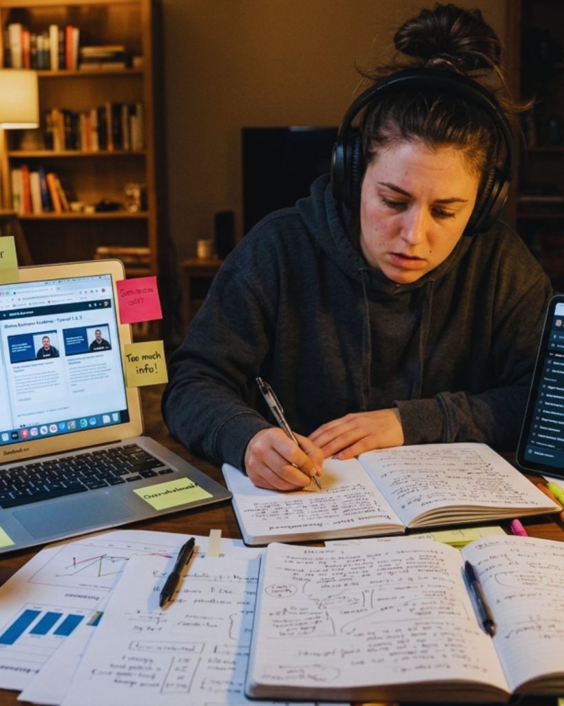 Entrepreneur overwhelmed by online business tutorials instead of launching a project.