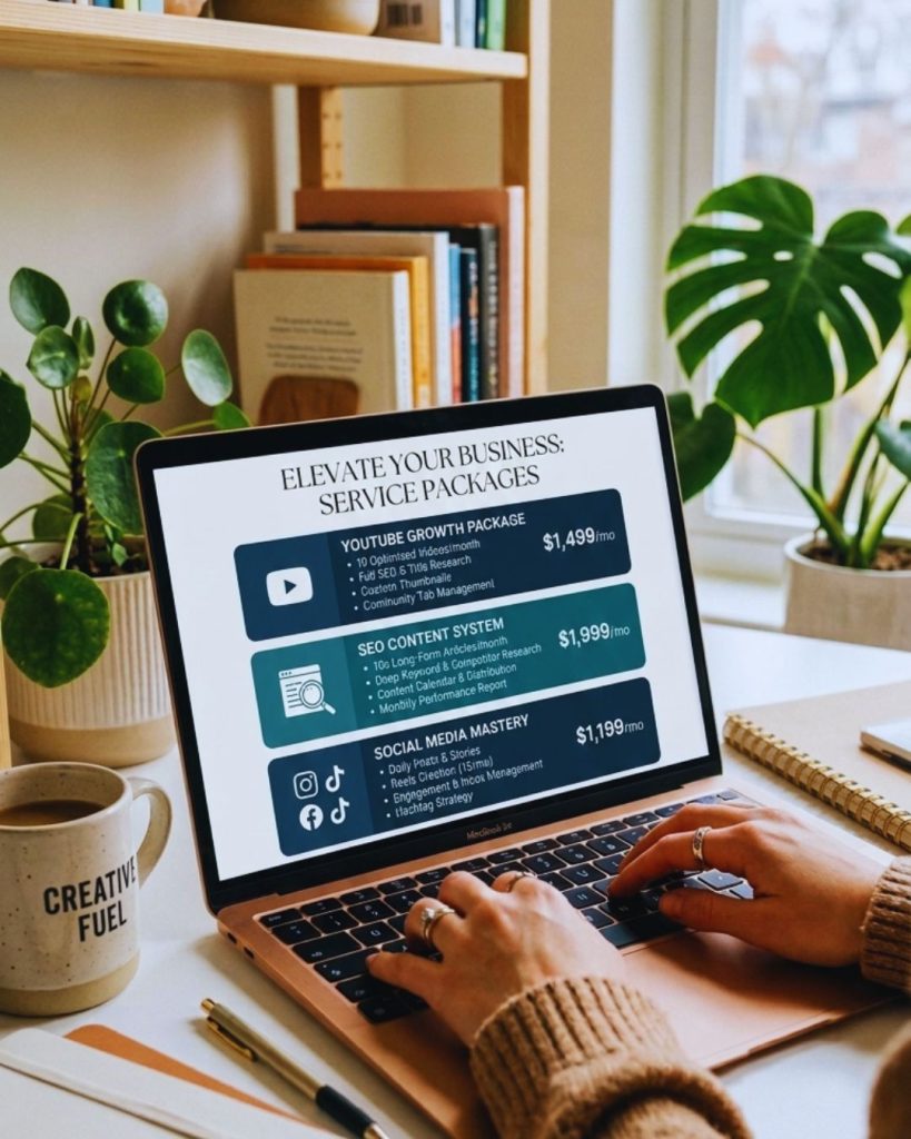Digital service packages displayed on laptop representing productized services.