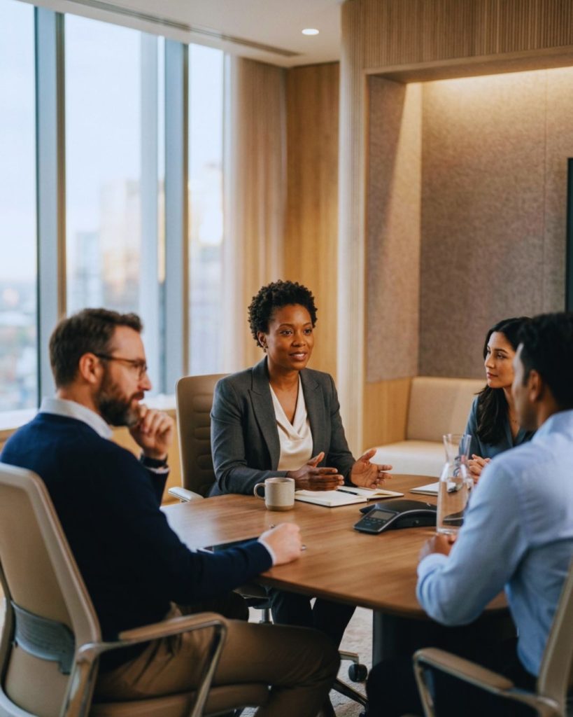 Leader demonstrating quiet authority through confident posture and attentive presence in a meeting