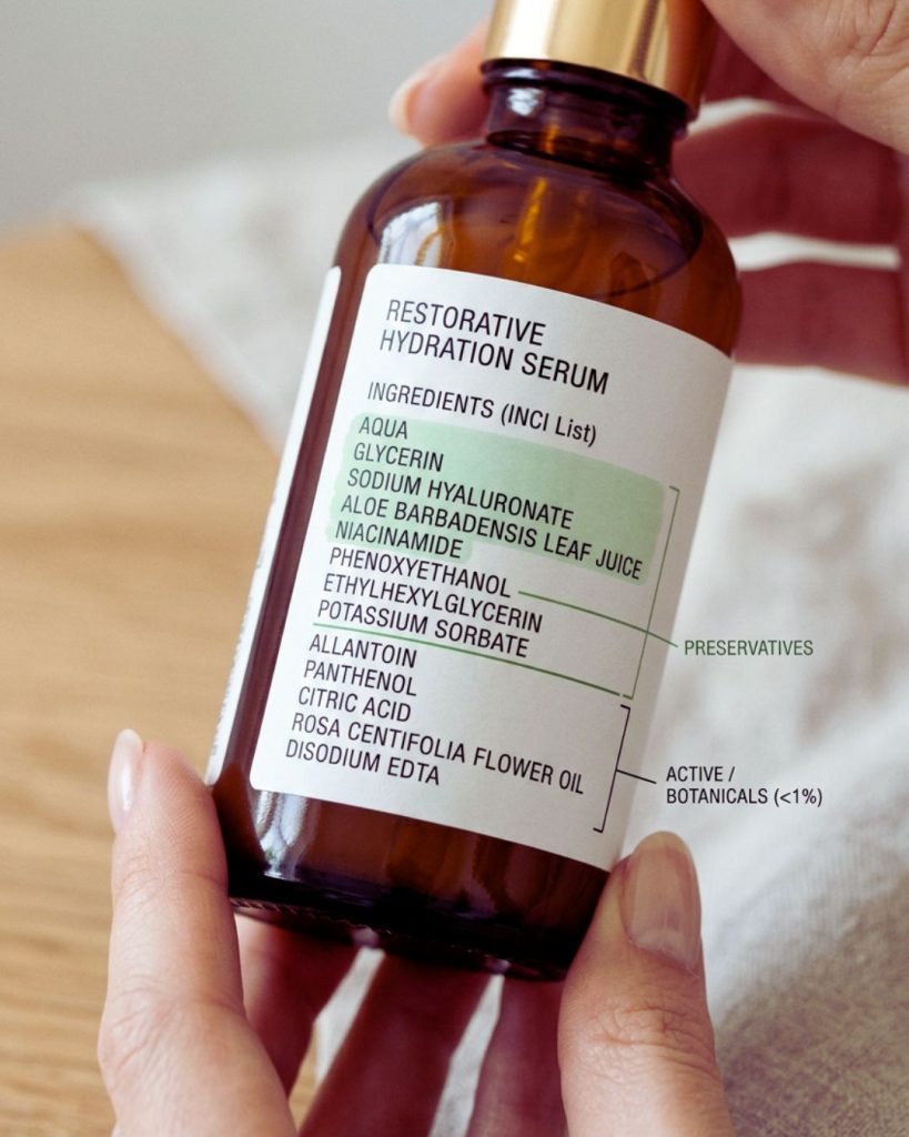 Reading skincare ingredient list INCI on product label to understand active ingredients and concentrations.