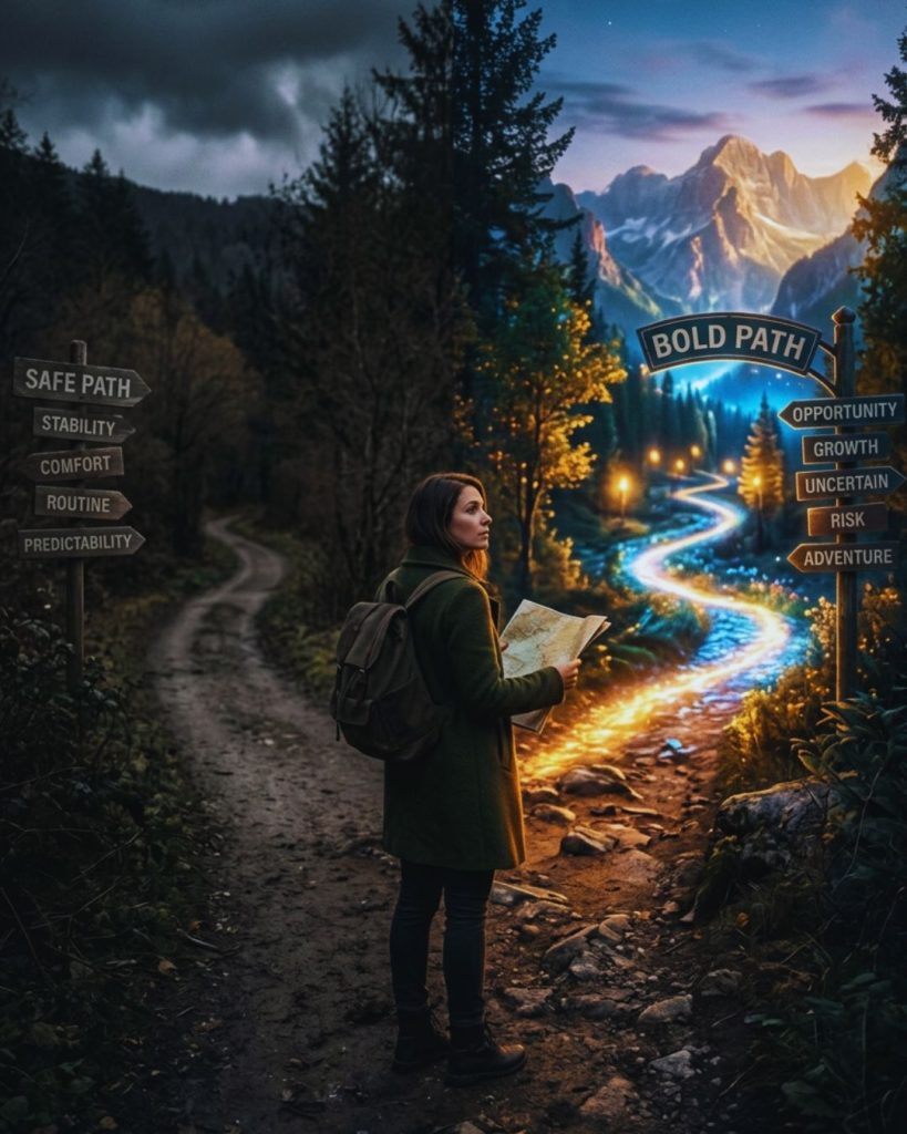 Woman choosing between safe and risky paths symbolizing financial risk avoidance