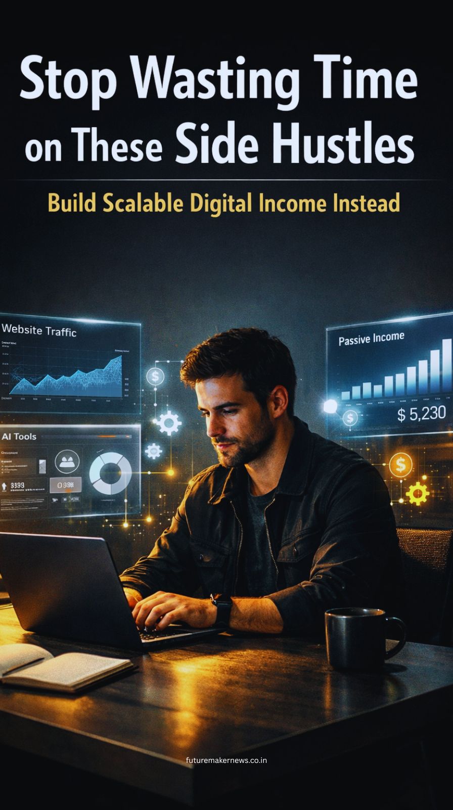 Digital entrepreneur working on laptop with analytics and automation tools representing scalable online income systems.