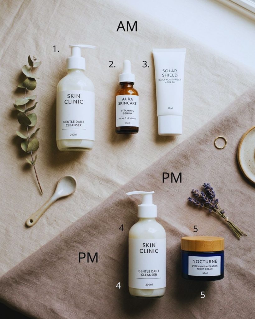 Minimal skincare routine with cleanser, vitamin C serum, moisturizer, sunscreen, and night treatment for morning and evening use.