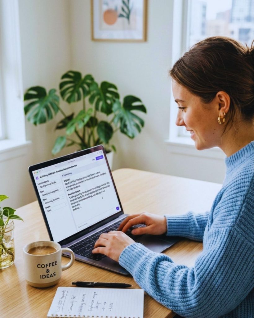 Entrepreneur using AI writing tool to improve business content for clients.