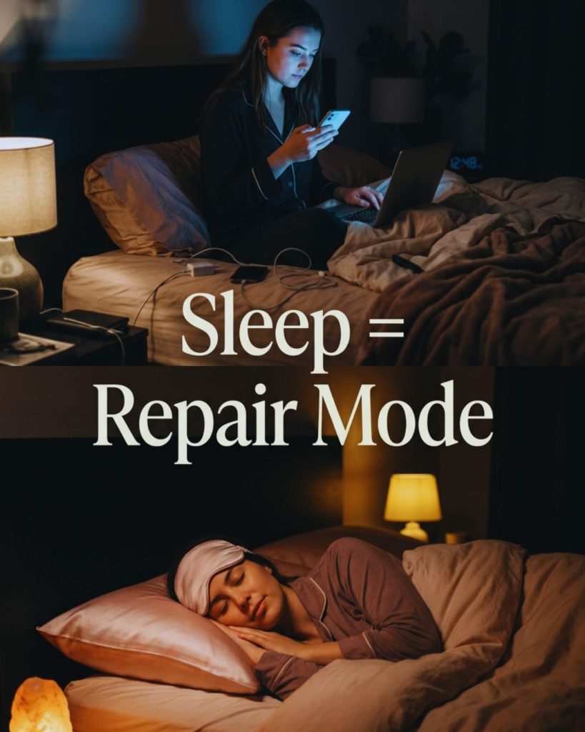 Comparison between sleep deprivation and healthy sleep showing effects on skin and energy levels.