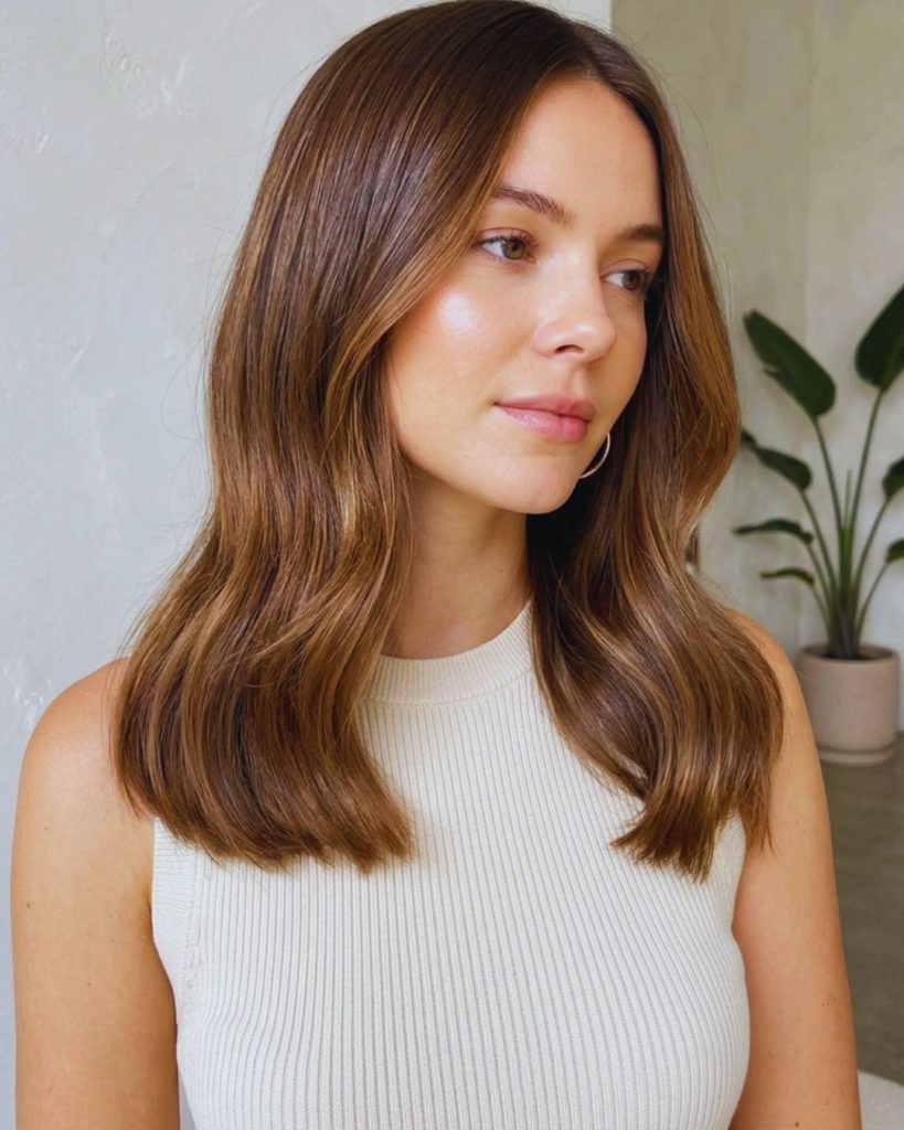 Woman with smooth glossy hair showing healthy shine and rich girl hair aesthetic with minimal styling.