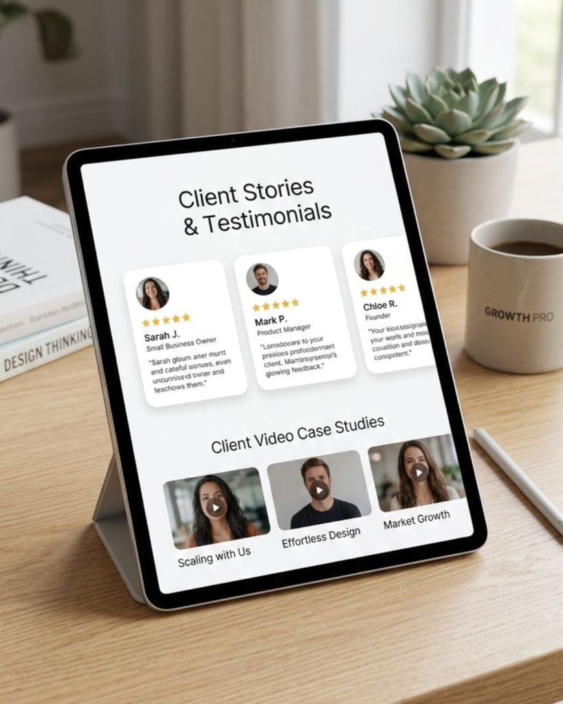 Tablet displaying customer testimonials and five-star reviews for social proof marketing.