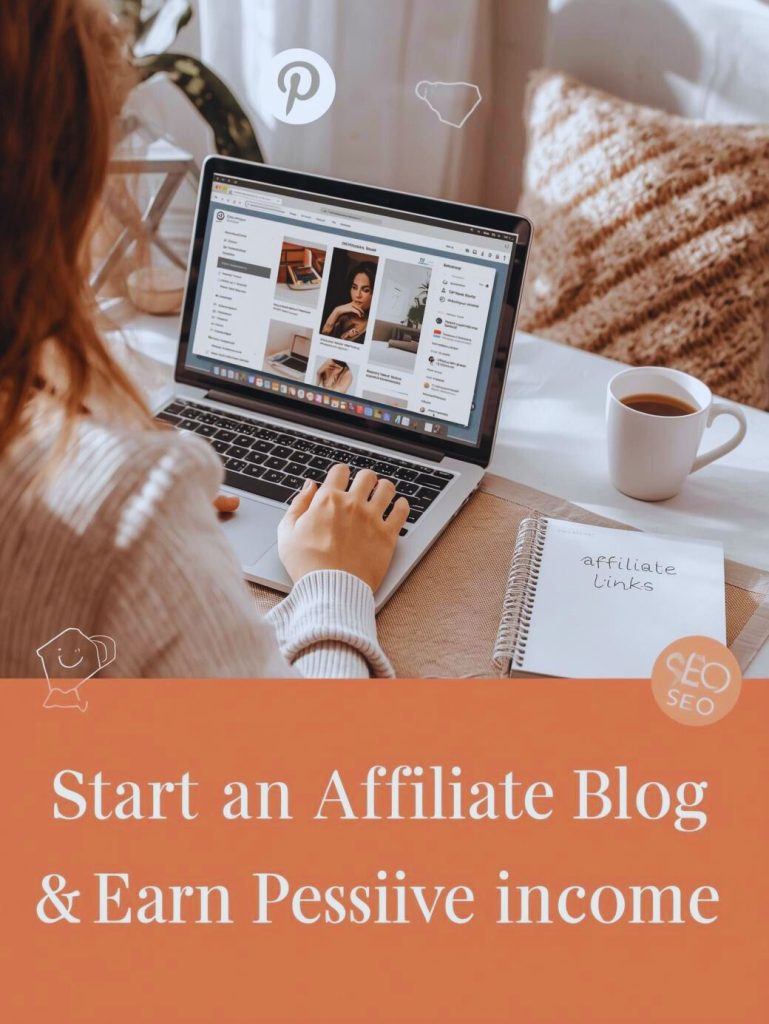 Woman working on laptop writing a blog with notes about affiliate marketing, representing earning passive income through blogging.