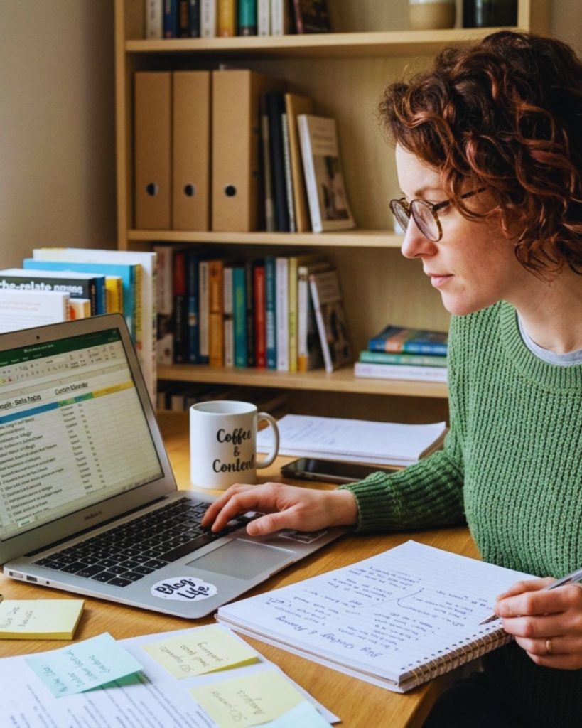 Blogger researching niche topics and planning blog content strategy.
