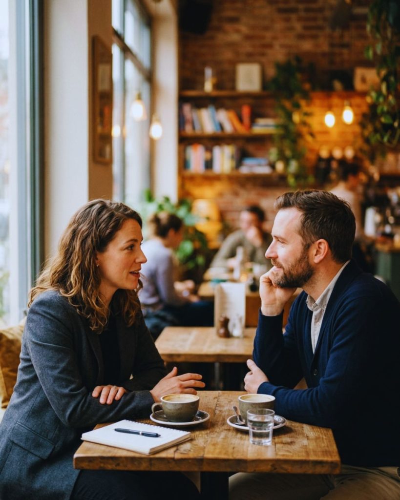 Two people sharing a genuine conversation showing emotional intelligence and vulnerability
