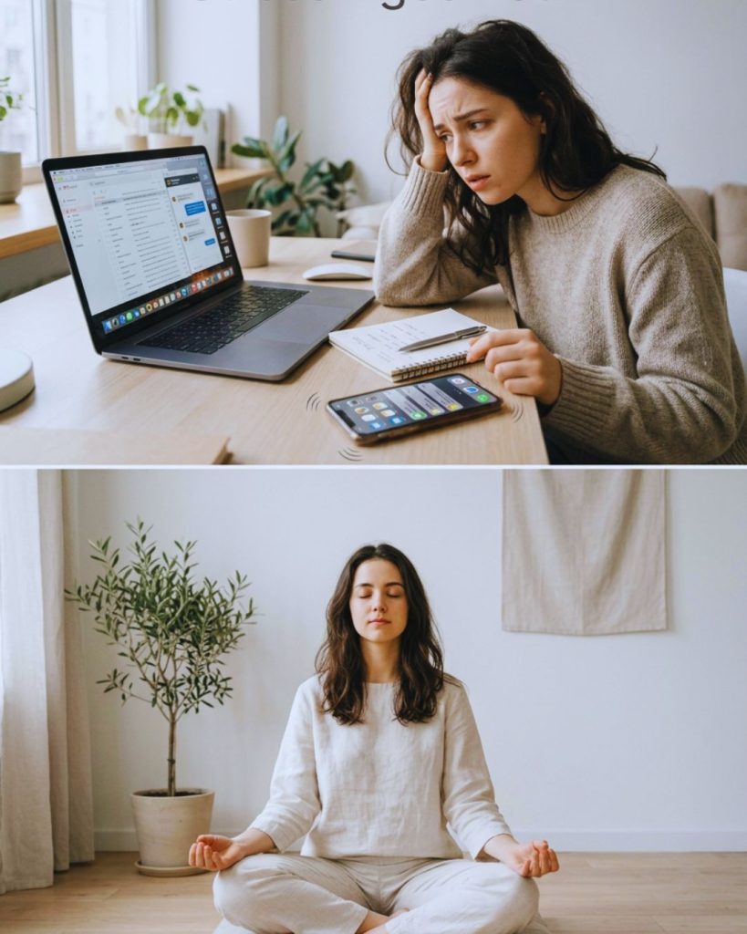 Comparison of stressed lifestyle versus calm meditation showing impact of cortisol on aging.