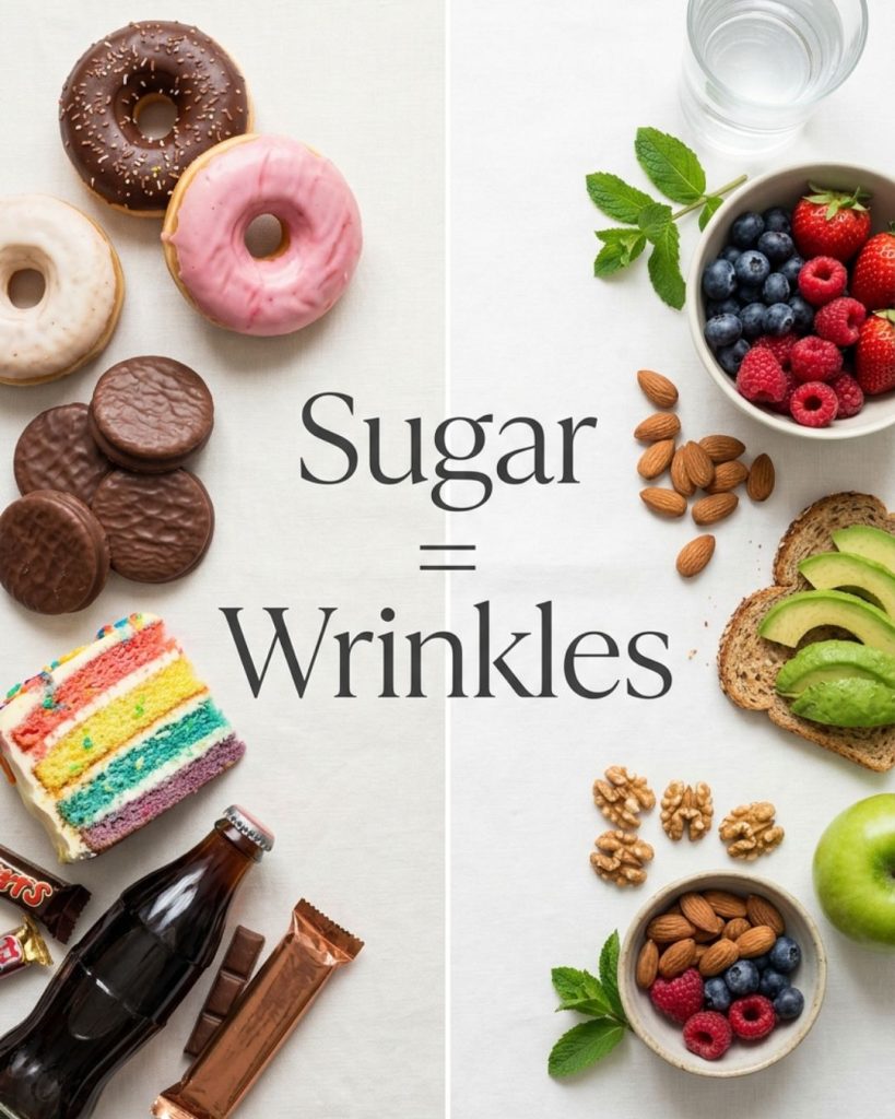 Sugary foods compared with healthy snacks showing impact of sugar on skin aging and collagen damage.