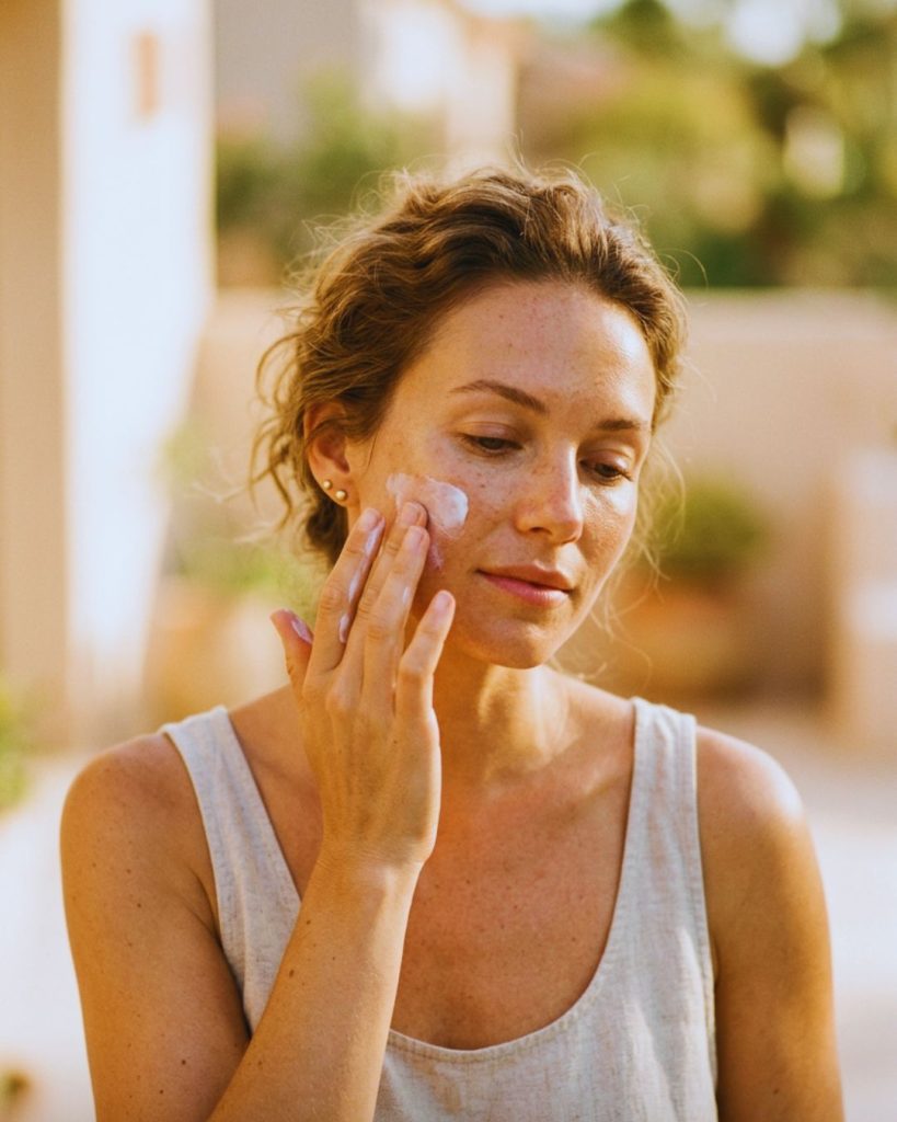 Applying sunscreen outdoors to protect skin from UV damage and premature aging.