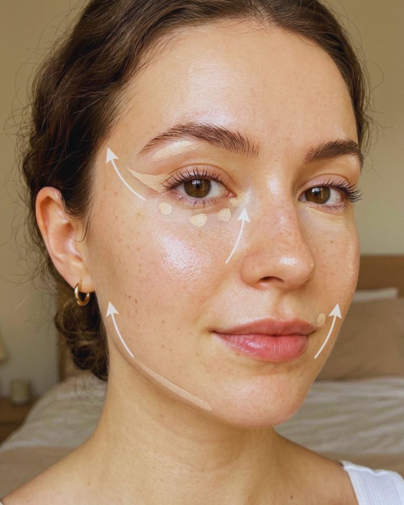 Strategic concealer placement on outer eyes, mouth corners, and under contour to create a lifted and sculpted face effect.