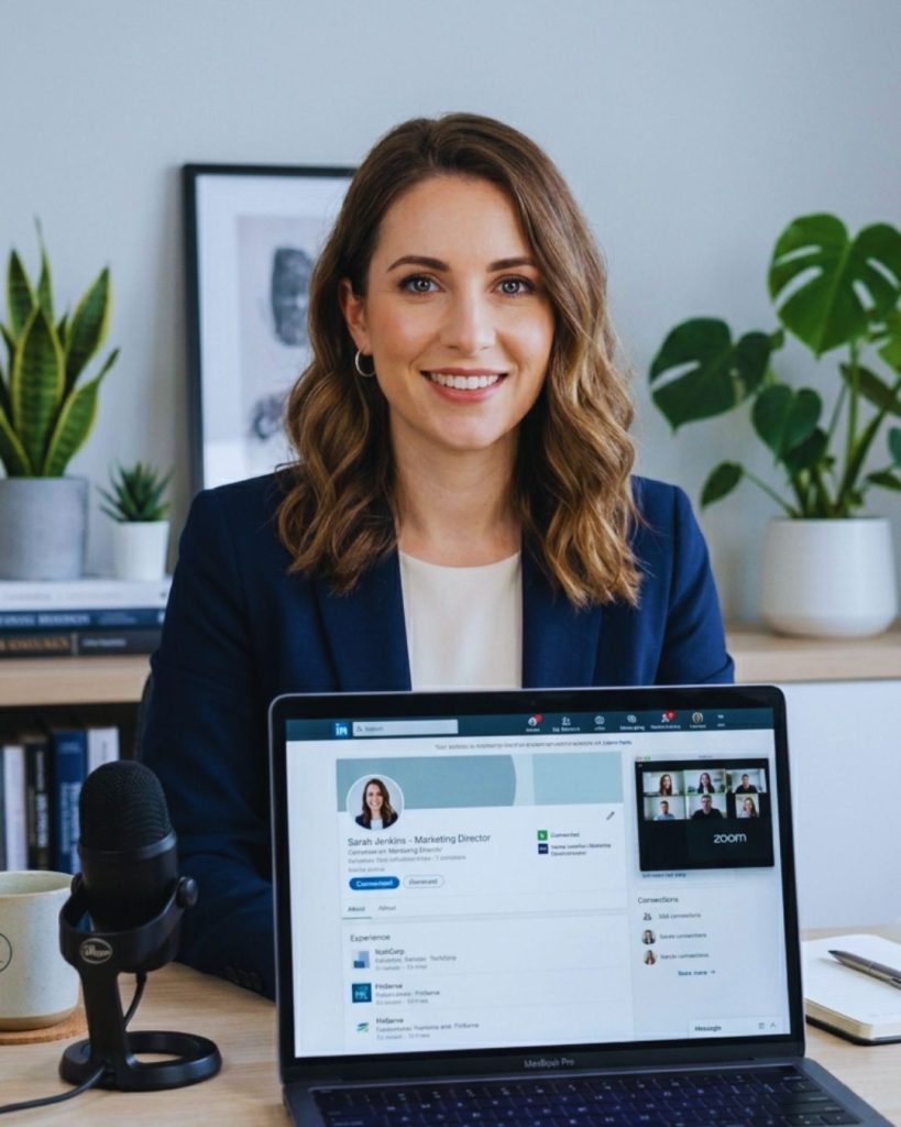 Professional on high-quality Zoom call setup illustrating digital branding transformation.