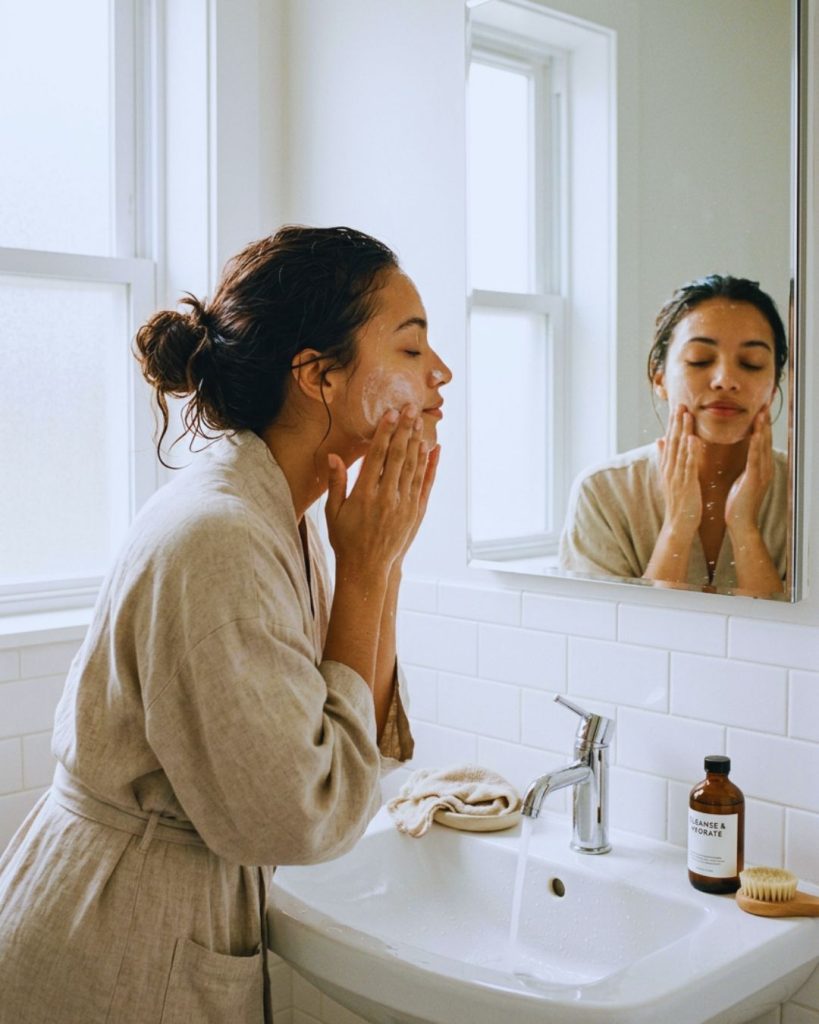 Person gently washing face with a mild cleanser in a minimalist skincare routine setting.