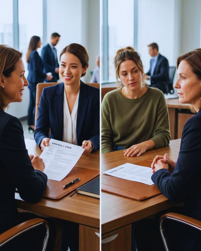 Interview scenario showing stronger positive reaction toward polished candidate due to halo effect.