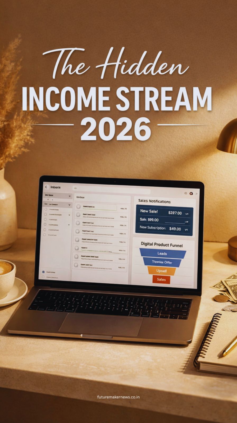 Laptop displaying email marketing dashboard and digital product sales funnel for passive income in 2026.