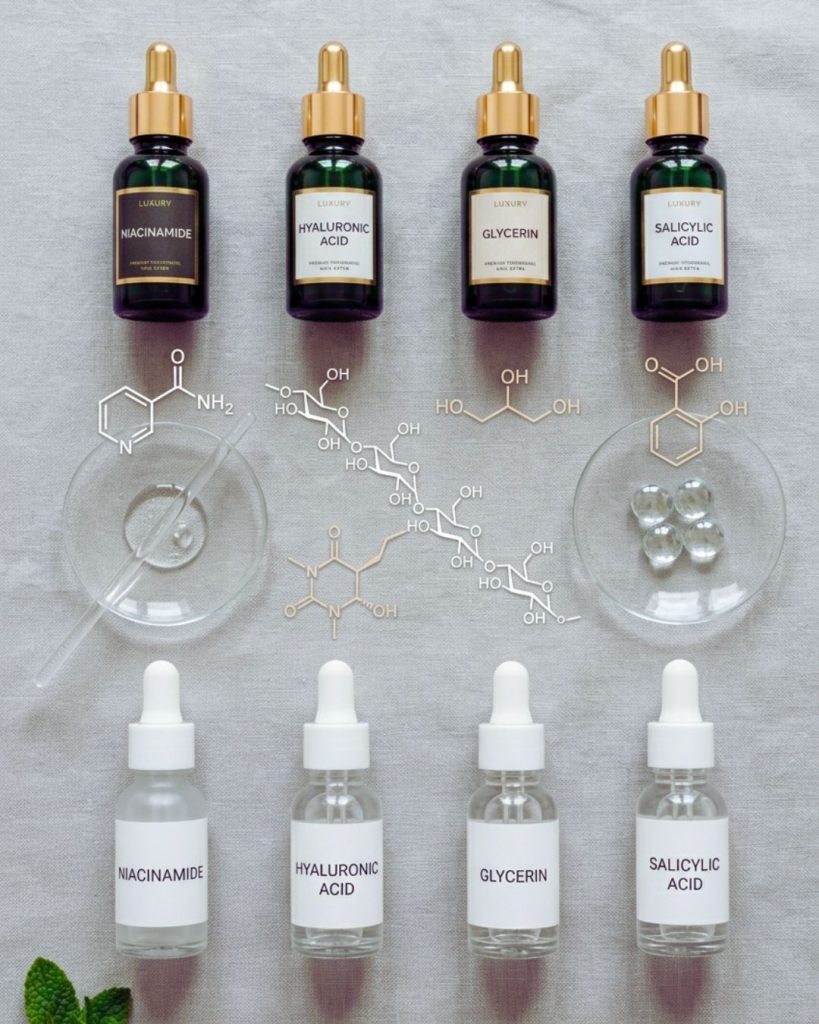 Skincare ingredients niacinamide, hyaluronic acid, glycerin, and salicylic acid shown in both luxury and affordable products.