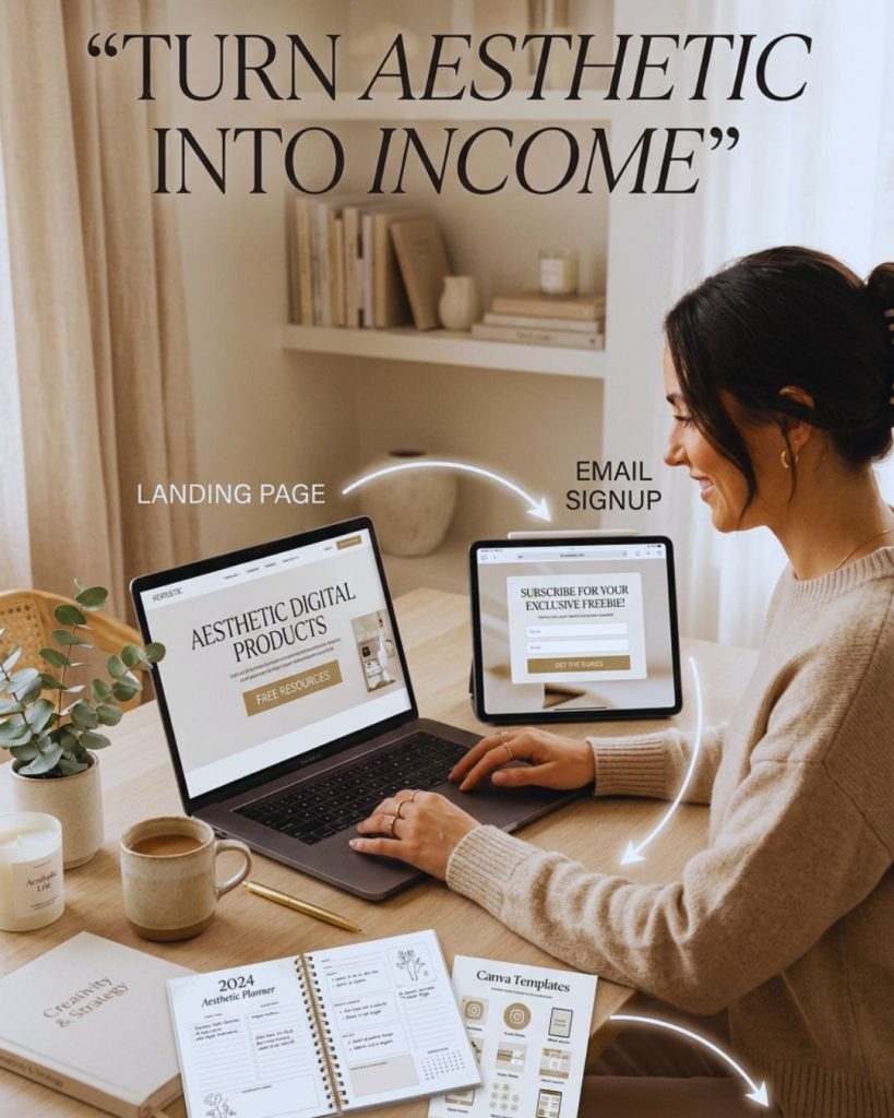 Aesthetic income funnel setup showing lead magnet, landing page, and digital product conversion process.