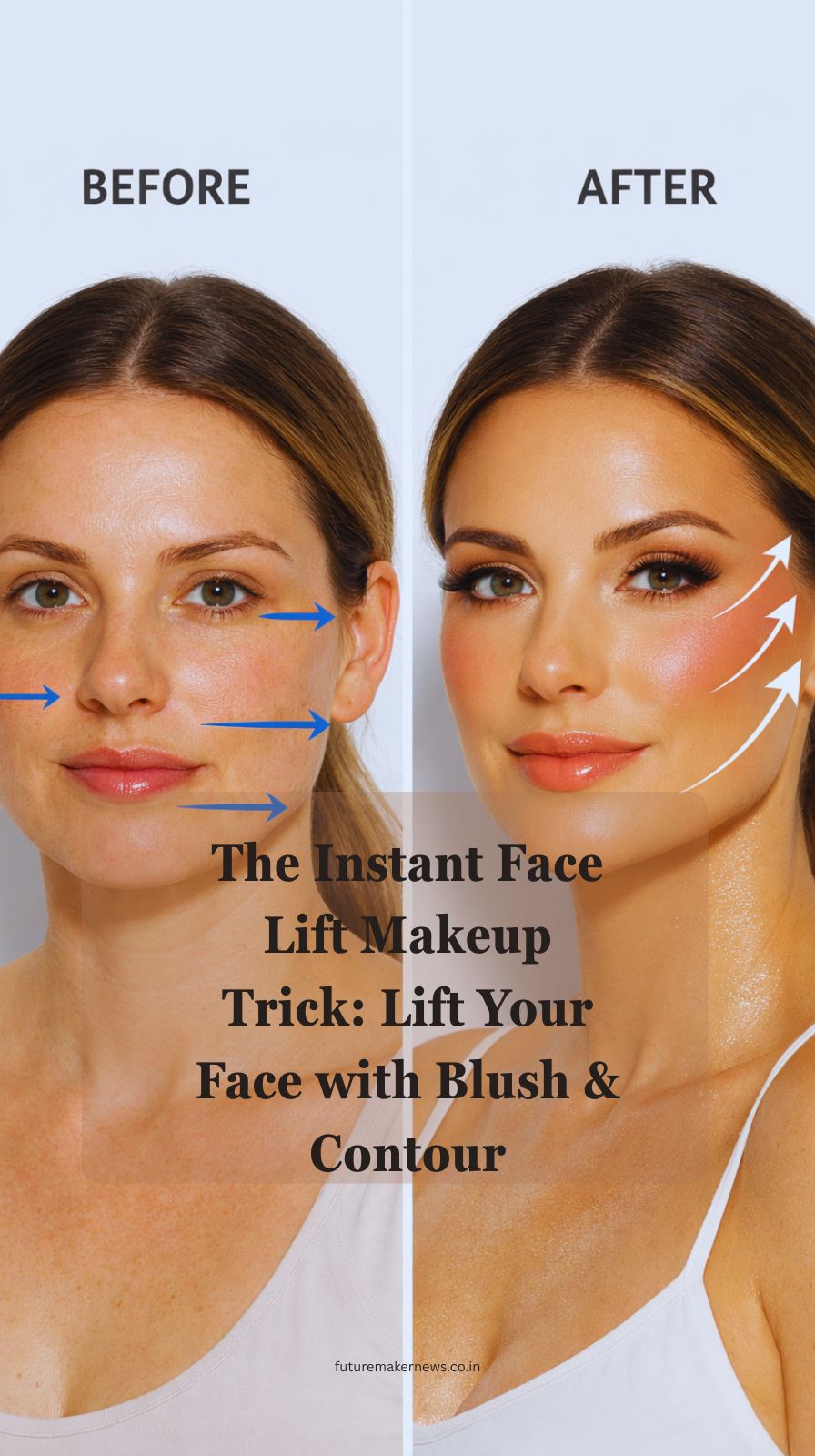Before and after makeup showing lifted face using blush and contour placement for a snatched look.