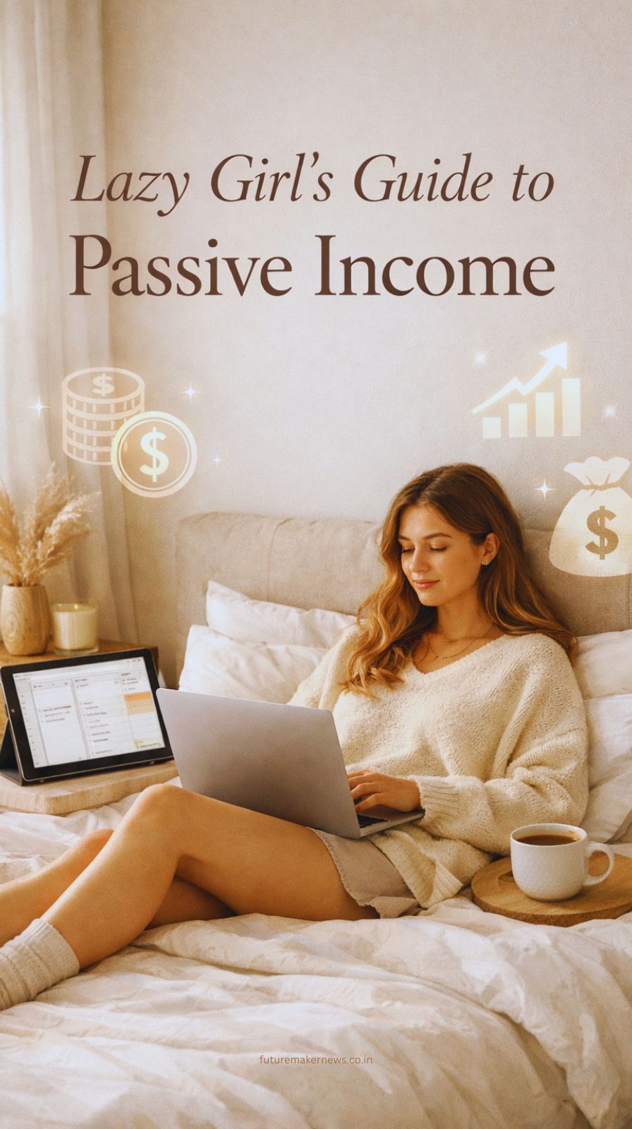 Woman working on laptop in cozy aesthetic room with coffee and digital planner, representing passive income and lazy girl money-making lifestyle.